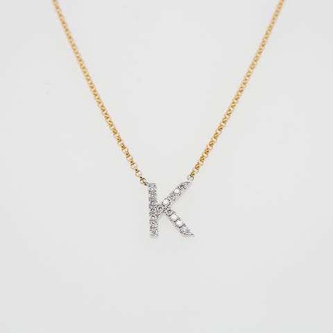 White Gold initial Pendant on Yellow Gold chain