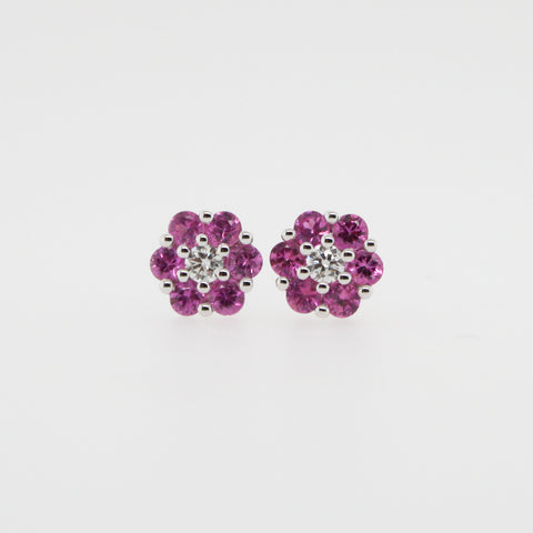 Pink Sapphire and Diamond Flower Cluster Stud Earrings